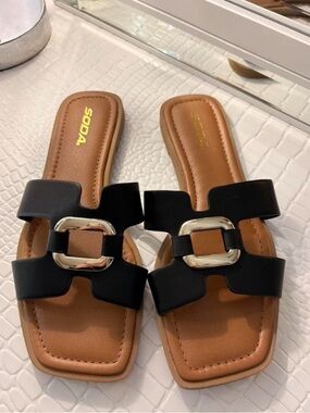 Soda Black Slide Sandals with Gold Buckle and Tan Footbed